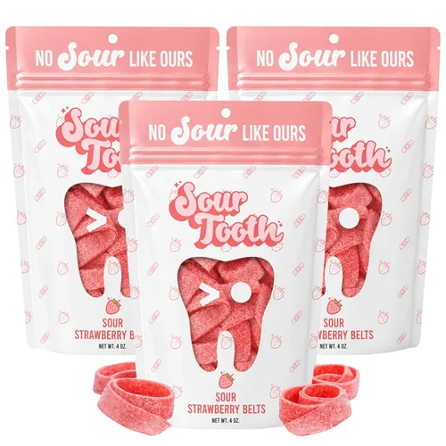 Vista 14 de Sour Tooth Cinturones de fresa, tiras de caramelo de gomitas ácidas masticables, paquete de 6, 4 onzas Soft & Chewy Strips, Sour Candy Bulk, Bulk