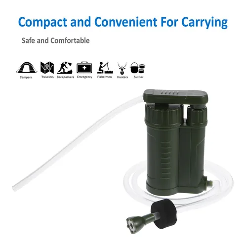 Vista 5 de Bomba de filtro de agua portátil verde militar ligero purificador de agua para acampar senderismo supervivencia de emergencia actividades al aire