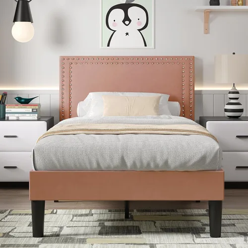 Vista 149 de VECELO Base de cama de plataforma de tamaño individual con cabecera tapizada de altura ajustable, base de colchón moderna, soporte de listones
