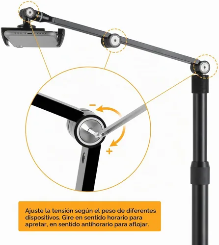Vista 6 de Viozon Soporte superior para teléfono tableta, altura y ángulo de 360 grados ajustable, soporte de escritorio de aluminio, compatible con teléfono