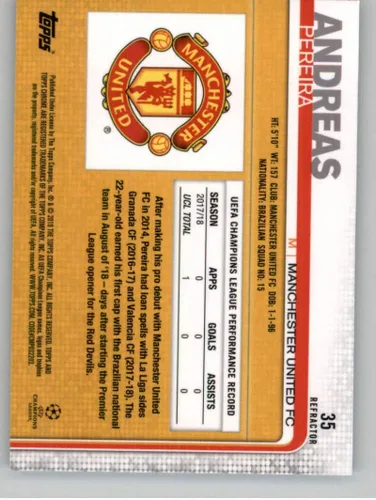 Vista 2 de 2018-19 Topps Chrome UEFA Champions League Refractors Soccer #35 Andreas Pereira Manchester United FC Official Futbol Card From Topps