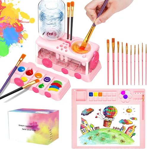 Vista 9 de Kit de limpieza de pinceles para niños con 5 pinceles, bata de arte, tapete lavable, guía, tarro limpiador de pinceles en espiral para acuarela