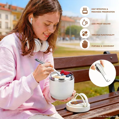 Vista 6 de Tarro de comida aislado de 40 onzas con 2 compartimentos, recipientes herméticos para comida caliente, boca ancha, acero inoxidable, incluye cuchara