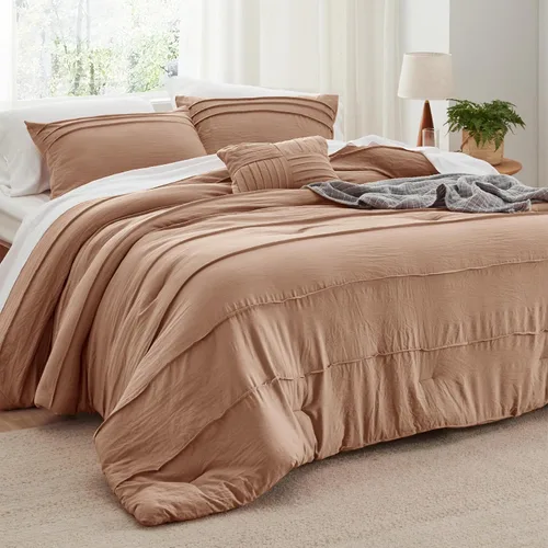 Vista 24 de Bedsure - Juego de edredón individual de 3 piezas, beige bohemio, plisado