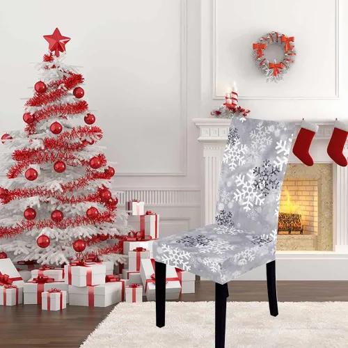 Vista 2 de LIPOR Juego de 2 fundas elásticas para sillas de comedor de Navidad, fundas elásticas para sillas Parsons con estampado de copos de nieve