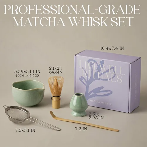 Vista 3 de Kit matcha, juego de cuenco y batidor de cerámica, verde Verde jade
