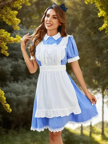 Vista 3 de Disfraz de Alicia de Halloween para mujer, vestido de princesa de manga abombada con cremallera