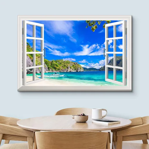 Vista 3 de wall26 Lienzo impreso para pared, vista de ventana a barco y playa tropical, isla de naturaleza, desierto, fotografía, realismo, paisaje rústico