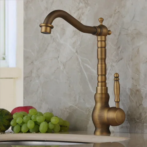 Vista 4 de Hiendure Latón antiguo diseñador único accesorios de fontanería de un solo agujero curva larga caño cocina grifo baño mezclador grifos