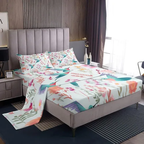 Vista 7 de Juego de sábanas de colibrí tamaño individual, sábanas de microfibra suave, bolsillo profundo, sábanas y fundas de almohada estampadas sin arrugas