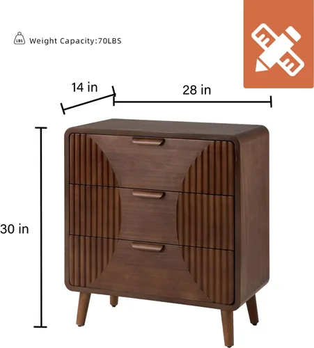 Vista 2 de HOMPUS Mesa auxiliar de 3 cajones, camisón marrón de 3 cajones, mesita de noche de madera de mediados de siglo, mesita de noche moderna
