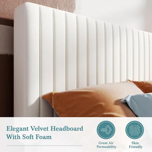 Vista 4 de HOOMIC Base de cama de plataforma tamaño King, cama tapizada de terciopelo moderno con cabecera capitoné de canal vertical ajustable, soporte