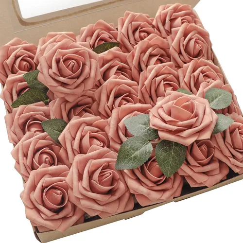 Vista 35 de Floroom Flores artificiales, 25 piezas de rosas falsas de espuma dorada antigua de aspecto real con tallos para ramos de boda DIY, centros de mesa