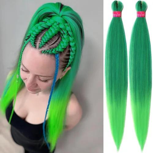 Vista 14 de Cabello trenzado verde con lentejuelas de 26 pulgadas, preestirado, trenzas de textura Yaki, extensiones de cabello pre plumadas, 3 paquetes, fácil