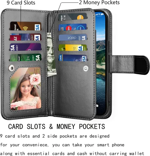 Vista 2 de Njjex Funda tipo cartera para iPhone 15 Plus de 6.7 pulgadas 2023, para iPhone 15 Plus, 9 ranuras para tarjetas, soporte de crédito de Negro