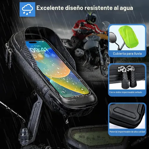 Vista 4 de Soporte de teléfono impermeable para motocicleta, rotación de 360°, espejo retrovisor de motocicleta, soporte para teléfono celular de gran