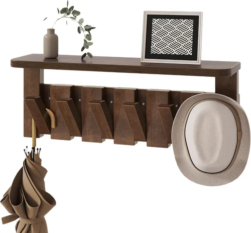 Vista 11 de YMYNY Perchero de pared montado en pared con estante, estante de pared con ganchos retráctiles, perchero de pared de madera para colgar Natural