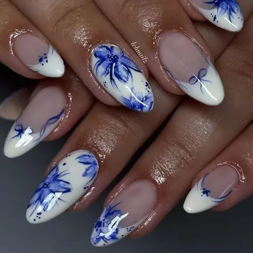 Vista 12 de Uñas postizas a presión con punta francesa, uñas postizas medianas con flores 3D, concha de perla, diseño de estrellas de mar, uñas blancas a