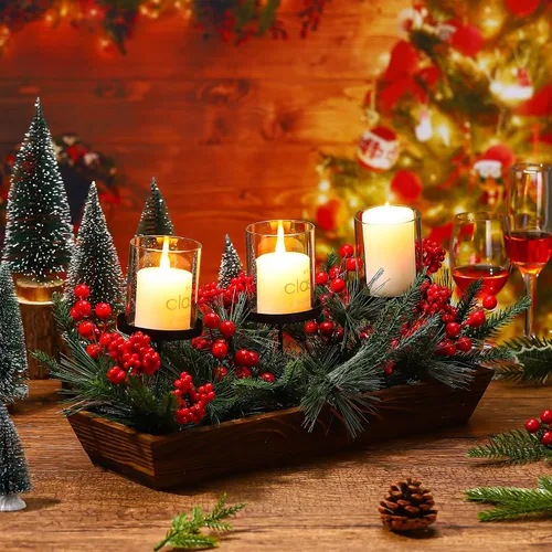 Vista 6 de Centro de mesa navideño de 3 pilares con portavelas de Navidad, bayas rojas artificiales, conos de pino y base de acero, arreglo de bayas