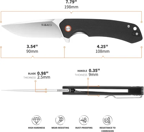 Vista 3 de Cuchillo de bolsillo plegable EDC Tactical Knife Camping Survival Knife 3.54'' D2 Blade acero y G10 Handle Liner Lock Clip reversible para uso
