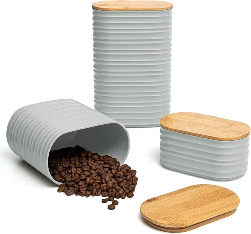 Vista 8 de Mixpresso Juego de recipientes negros para la cocina – Juego de recipientes herméticos de plástico para azúcar de 3 piezas con tapas de bambú