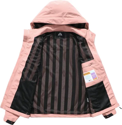 Vista 5 de MOERDENG Chaqueta impermeable para mujer, ligera, con capucha, para senderismo, cortavientos softshell