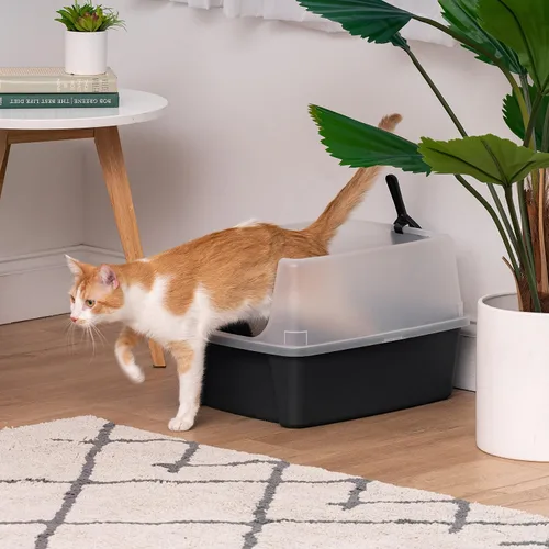 Vista 9 de IRIS USA - Caja de arena para gatos con tapa abierta con pala y escudo de dispersión, color negro + paquete de fuente de agua para gatos de 44