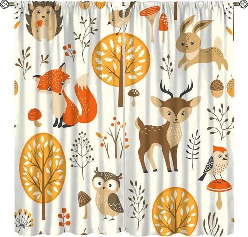 Vista 15 de Cortinas de animales del bosque, tratamientos de ventana para dormitorio del hogar, decoración de ventana de caricaturas, oso de acuarela, ardilla