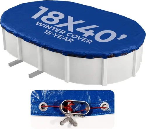 Vista 11 de Cubierta oval de invierno para piscina sobre suelo, Azul Royal Polietileno laminado de 14 x 14, ojales de metal cada 2 pies, parte inferior negra