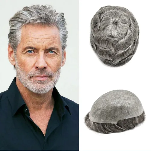 Vista 38 de Pieza de pelo para hombre, sistema de reemplazo de cabello de piel ultra fina para hombres, pieza de pelo de tupé para hombres, cabello humano real