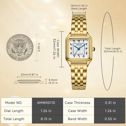 Vista 2 de Relojes dorados para mujer, pulsera pequeña, esfera de números arábigos, correa de acero inoxidable, caja rectangular de cuarzo para mujer, reloj