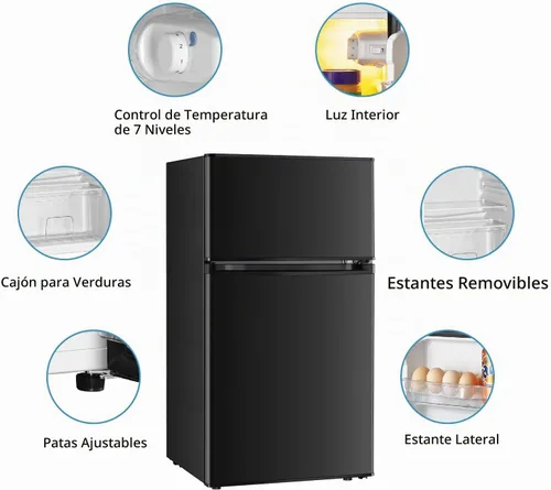 Vista 4 de Saeoola Mini refrigerador con congelador, 3.2 pies cúbicos, mini refrigerador compacto de 2 puertas con congelador separado para dormitorio Negro