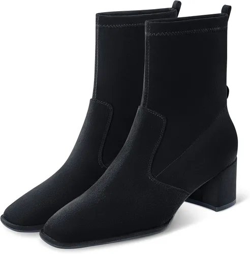 Vista 3 de 7or9 Botines de tacón medio para mujer con suela de lengüeta Chelsea Fashion Go Go Botas hasta la rodilla Botas de tacón grueso de lana - Negro
