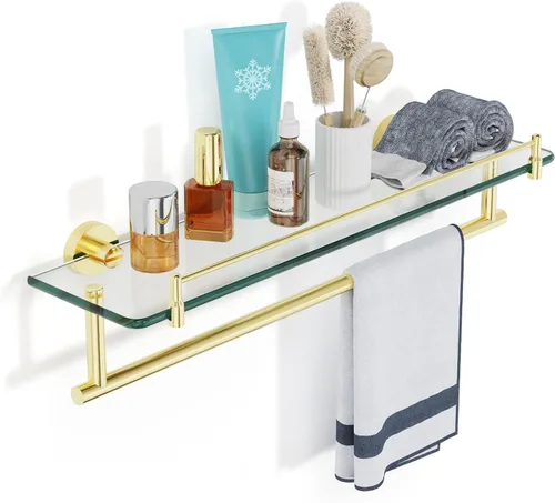 Vista 17 de Toallero con estante de 16 pulgadas, estante de baño con barra de toalla de vidrio templado, dorado cepillado moderno, acero inoxidable a prueba