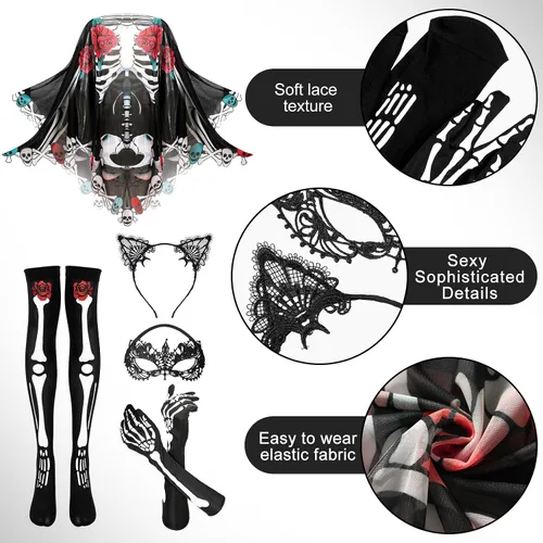 Vista 6 de Eurzom Traje de esqueleto de Halloween de 18 piezas para guantes de hueso, calcetines, orejas de gato, diadema, máscara de ojos, tatuajes faciales