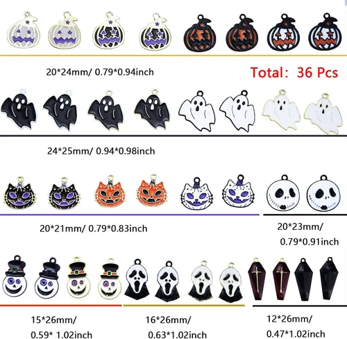 Vista 2 de 36 colgantes de Halloween chapados en oro negro esmaltado calabaza fantasma, payaso mago, sombrero de mago de Halloween para hacer joyas, bricolaje