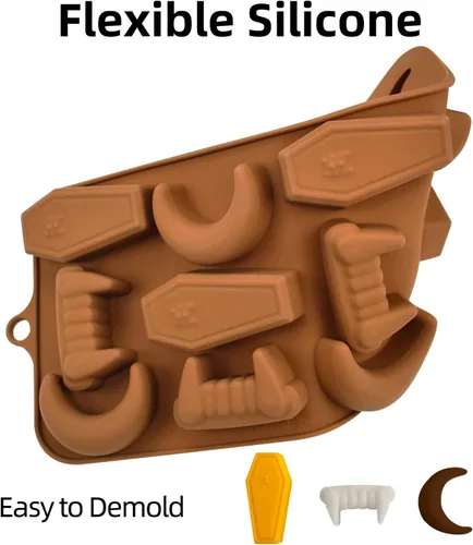 Vista 3 de Moldes de silicona para chocolate, moldes para dulces de Halloween, dientes de vampiro, lápida, forma de luna, moldes para cubitos de hielo, juego