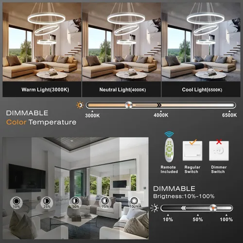 Vista 4 de Lámpara colgante LED plateada, lámpara de araña moderna regulable de 3 anillos con control remoto para comedor de techo alto