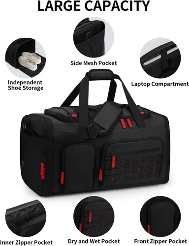 Vista 4 de Bolsas de gimnasio para hombres y mujeres, bolsa de viaje deportiva de 45 litros con compartimento para zapatos, mochila de noche 3 en 1