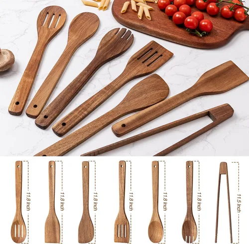Vista 2 de Eisinly Cucharas de madera para cocinar, 7 piezas, juego de utensilios de cocina de madera antiadherentes, cuchara de espátula de madera duradera