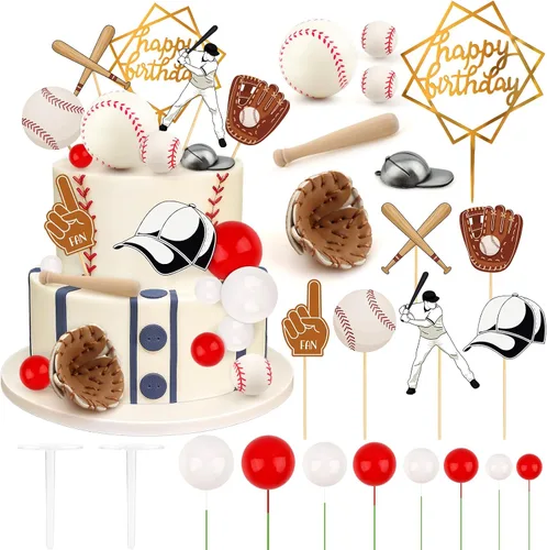 Vista 48 de Juego de 26 decoraciones de pastel de béisbol con mini bolas, jugador, gorras, guantes, murciélagos, adornos de pastel de cumpleaños de béisbol
