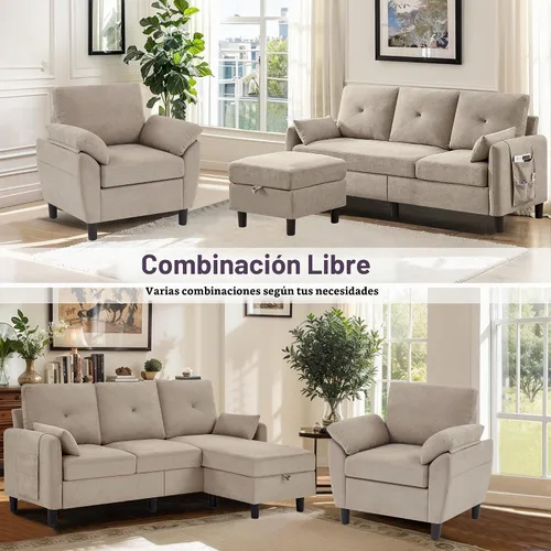 Vista 5 de Juego de sofá seccional, sofá convertible de 77 pulgadas y silla decorativa de 35 pulgadas, sofá pequeño en forma de L de 3 asientos con otomana