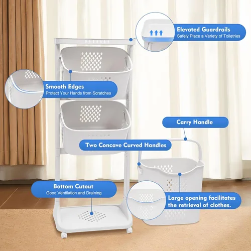 Vista 7 de Cesta de lavandería para baño, cesta de almacenamiento de ropa multicapa, cesta de lavandería de 3 niveles con ruedas, cesta clasificadora de ropa