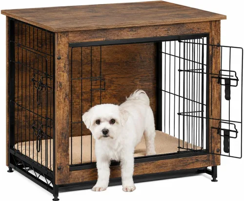 Vista 14 de Yaheetech 32" Mesa auxiliar de jaula para perros con cojín, jaula de madera para perros con puertas dobles/pies ajustables, mesa auxiliar lateral