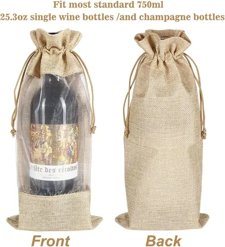 Vista 3 de HRX Package 10 piezas de bolsas de vino de arpillera con ventana transparente, bolsas de regalo de botella de tela de arpillera con cordón