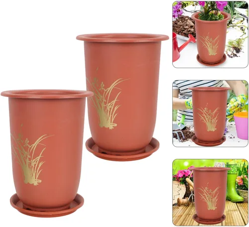 Vista 9 de 2 Sets Plastic Orchid Pots with Tray, Flower Planters Thickened Elevated Design, Breathable Ventilation, Minimalist Contemporary Style, for