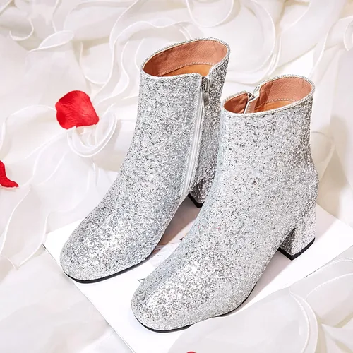Vista 7 de SEIFIN Botines de tacón grueso con lentejuelas y lentejuelas para mujer, brillantes, para boda, fiesta, vestido, zapatos de tacón medio, botines