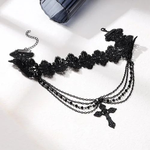 Vista 3 de Eigso Gargantilla de encaje retro estilo gótico vintage con colgante de cadena de cuentas, vampiro para mujer A2: negro