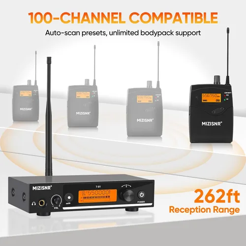 Vista 4 de Sistema de monitor inalámbrico en el oído, sistema IEM mono UHF Pro con transmisor de metal, 1 receptor de cuerpo con auriculares de monitor, 100
