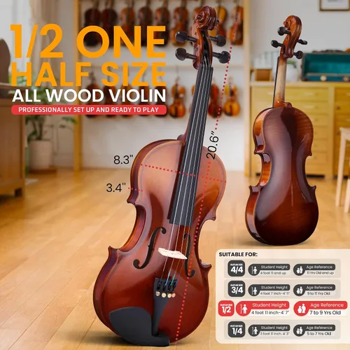 Vista 2 de Pyle Violín acústico de tamaño medio para principiantes – Juego completo de violines con estuche rígido, arco, cuerdas extra, colofonia, kit